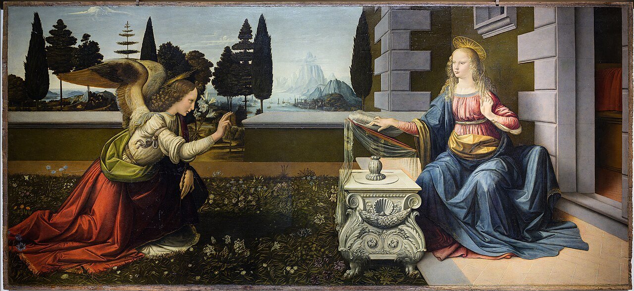 A Anunciação, de Leonardo da Vinci: o anjo Gabriel diante da Virgem Maria